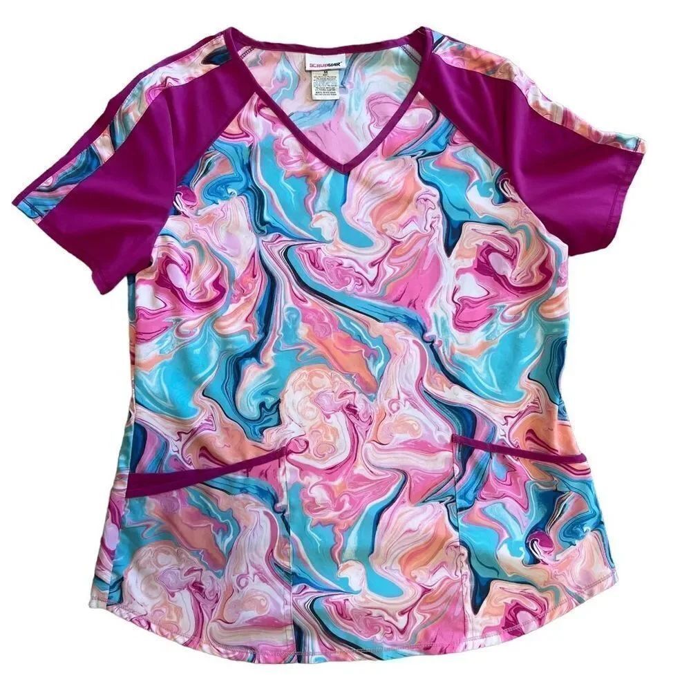 Scrubstar Pink Marble Print Scrub Top. Two Front Pockets with Pen Pocket. Sz Med
